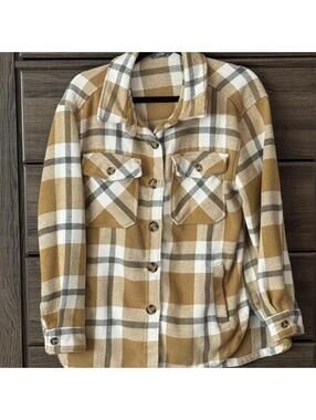 Tan and brown plaid button up flannel shacket